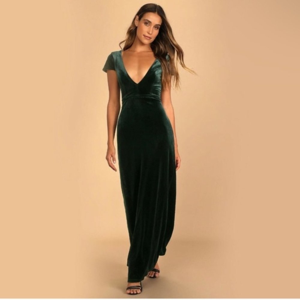 Lulus Green Velvet Deep V Neck Maxi Dress Back Slit Cap Sleeves Size Small
